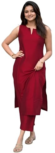 GoSriKi Straight Viscose Palazzo Women Red Viscose Sleeveless Crew Neck V Neck Ethnic Casual Wear