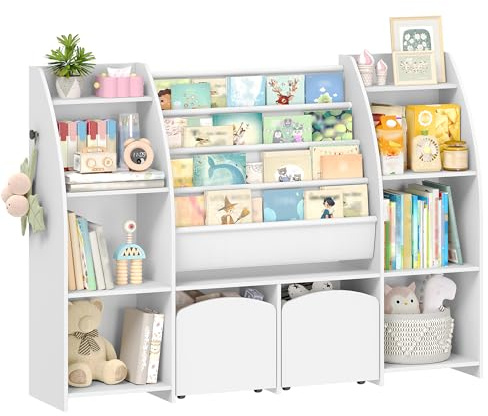 Hzuaneri 140cm libreria per bambini con Porta Riviste, 3 Colonne e 4 Ripiani, Scaffale portagiochi bambini, Contenitore con Cesto Integrato, 30 x 140 x 100 cm, Bianco KB13003WV1