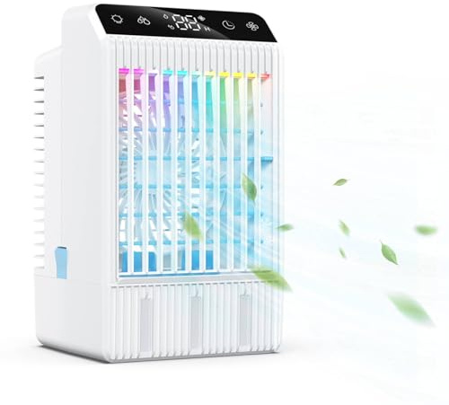 Condizionatore Portatile, 5 in 1 Raffreddatore d'aria, 4 Velocità, 2 Modalità di Nebulizzazione, Luce a 7 Colori, Timer 2-12 Ore, Mini Climatizzatore per Casa/Ufficio
