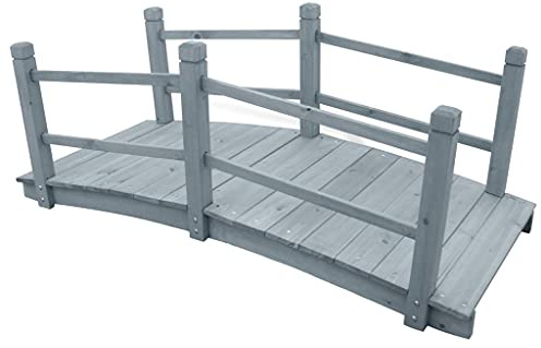 Runheo Pont de jardin gris en bois de sapin massif - 140 x 60 x 56 cm - Avec main courante pour bassin, pont de ruisseau, terrasse et paysage de jardin
