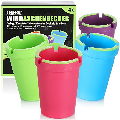 com-four® 4x Ashtrays for outside - Windproof ashtray - Storm-ashtray with luminous lid - Car ashtray - Ashtrays for cigarettes - Smoking bin, Ø 8 cm (4 pieces - purple pink blue green)
