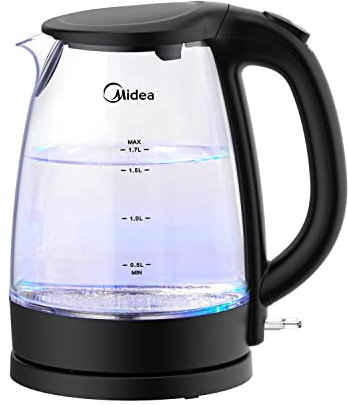 Midea MK-17G02A2 - Hervidor eléctrico, 1,7 L, hervidor de cristal sin BPA, con indicador LED azul, 2200 W de ebullición rápida, filtro extraíble, cable recogedor, apagado automático