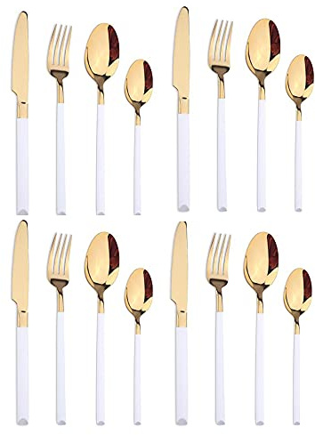 Set di 16 posate in acciaio inox 18/8, coltello da tavolo, forchetta, cucchiaino da tè, posate per 4 persone, lucidate a specchio, lavabili in lavastoviglie (bianco dorato)