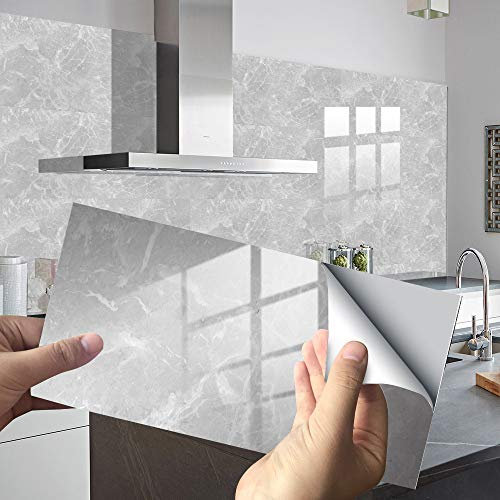 Kitchen Bathroom Marble Wall Tile Stickers, Hiser DIY Rectangle 3D Rock Mosaic Decals Sticker for Kitchen Living Room Bathroom Home Decor Self-Adhesive, 30x15cm (16pcs,light grey)