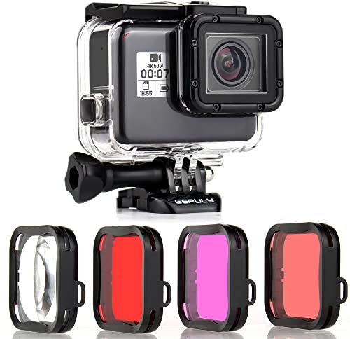GEPULY Waterproof Housing Case with Diving Filters for GoPro Hero 5 6 7 Black Hero (2018) Cameras - 45M Underwater Diving Housing Shell with Red/Snorkel/Magenta / 5X HD Close-up Filters