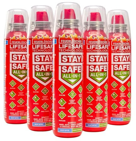 StaySafe All-in-1 Feuerlöscher, 5er-Set | Feuerlöscher für zu Hause | Auto | Wohnwagen, Boot - Löscht Alles Arten von Bränden in Sekunden