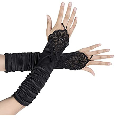 SUNTRADE Fingerlose Damenhandschuhe, Spitze, Satin, gefaltet, Brautparty, Pailletten, elegant, Schwarz , One size