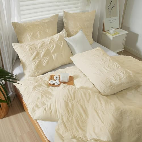 YASMENG Seersucker Ropa de cama de 155x220 cm, 3 piezas, color beige, a cuadros, ropa de cama de verano, suave, romántica, funda de edredón con cremallera y 2 fundas de almohada de 80x80 cm
