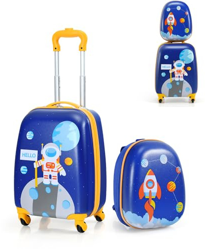 SOARS Juego de Maletas de Viaje Cabina para Niños, Juego Maletas de Viaje, 16 Maleta con Ruedas + 12 Mochila Infantil con Asa y Correas Ajustables, Individual Maleta Pequeña para Niños (Astronauta)