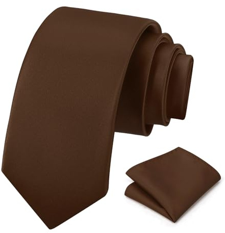 PenSee Men's Truffle Brown Tie Set Solid Formal Necktie Pocket Square