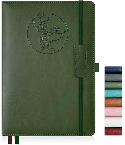 Qefuna Diario per Donna Uomo, Quaderno in Pelle con Copertina Rigida da 256 Pagine A5 per Lavoro, Diario/Taccuino a Righe con Carta da 100 G/M², Portapenne 5,8×8,4 (Verde)