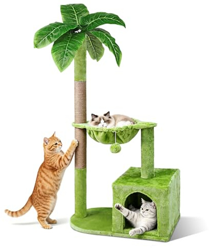 Kratzbaum, Zvonema Stabil Katzenbaum 110cm, Katzenkratzbaum mit 21,5cm Dicke Sisal-Seil Kratzsäulen, 1 Höhlen, 2 Kratzsäulen, 1 Korb, 1 Plüschball, Katzen Baum für 2-3 Kleine & Große Katzen, Grün