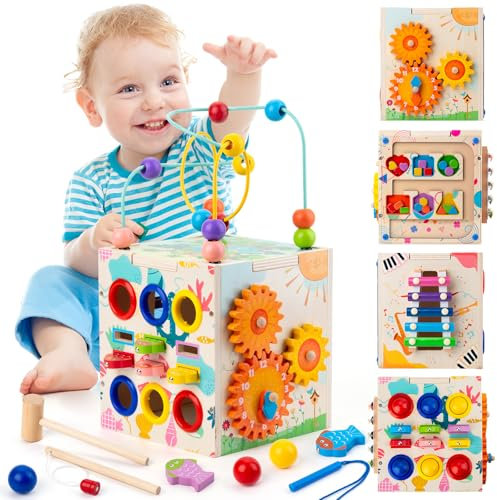 Sundaymot Motorikwürfel, 7 in 1 Motorikspielzeug Montessori Spielzeug ab 3 Jahr, Ideales Holzwürfel und Lernspielzeug, Kreative Geschenke für Jungen und Mädchen ab 3 Jahren