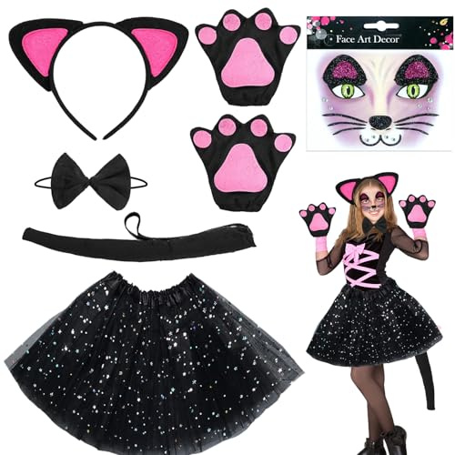 AUNGCSHE 5 Pièces Déguisement Dalmatien, Comprend Masque Animaux, Nœud Papillon, Queue, Tatouage Autocollants, Gants, Déguisement Animaux Enfant pour Halloween Carnaval Cosplay (7 x Chat cospla)