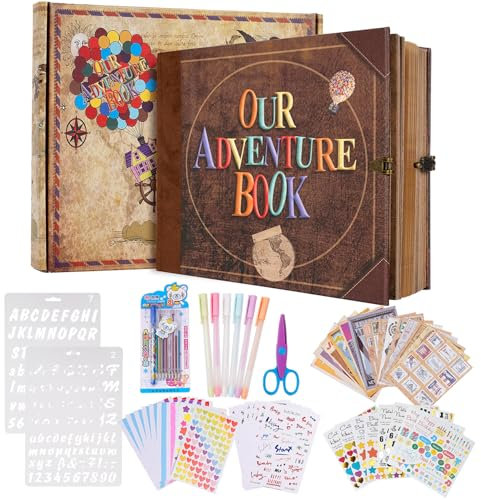 Our Adventure Book 8.9 x 7.9 Inch 80 Pages Scrapbook Photo Album with Scrapbooking Supplies, 3D Retro Embossed Letter Leather Hard Cover Movie Up Travel Journal Memory Book For Couples，Christmas gifts
