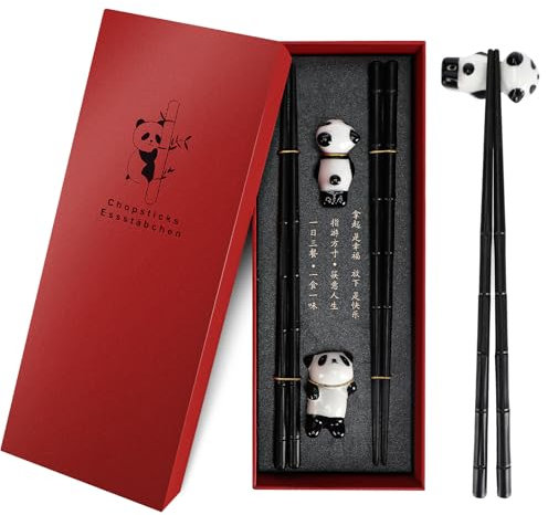 Set 2 Paia Bacchette in Fibra di Vetro Riutilizzabili con Supporto Panda, Bacchette Cinesi Tradizionali con Borsa di Trasporto, Bacchette Lavastoviglie-Sicuro, Bacchette per Piatti Asiatici