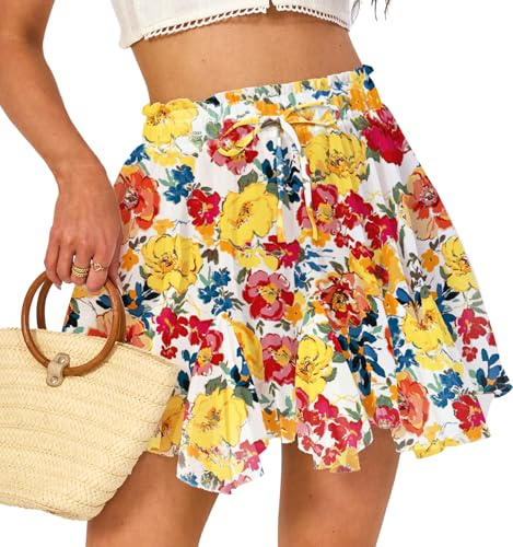 Eisnnu Mujer Mini Falda Volante Gasa Falda Corta Cordón Elástico Cintura y Forro Sexy Floral Leopardo Skater (FR/ES, Letras, S, Regular, Regular, Flor Amarilla)