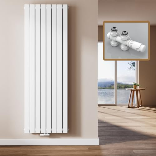 EMKE Radiador de Diseño Vertical, 180 x 62 cm, Radiador de Pared Plano de Acero, Panel Doble, Conexión Central, Blanco, 2227W (incluye válvulas)