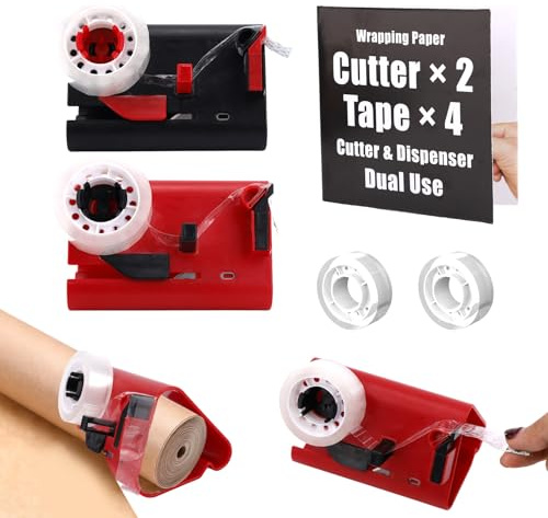 Fukaisu 2st 2-i-1 Presentpappersskärare & Tejpdispenser med 4 Tejprullar, Plast Emballagspappersskärare Presentinslagningsverktyg för Jul Födelsedag Helgdag