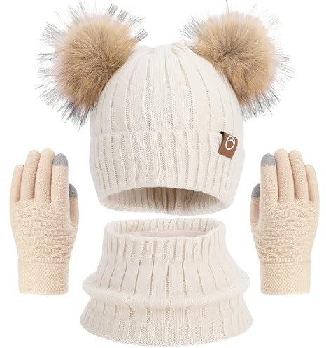 Set de Bufanda Gorro y Guantes, Conjunto de Bufanda Sombrero y Gorro Invierno, Gorros con Pompon Lana Niño Braga Cuello Polar y Guantes de Punto Cálidos para Niño 2-6 Años - Beige