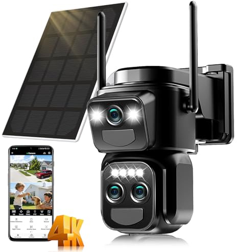 10X Triple Obiettivo Telecamera Wi-Fi Esterno,8MP Telecamera WiFi Senza Fili con Pannello Solare,Videocamera Sorveglianza WiFi,360°PTZ,Rilevamento Umano PIR,Visione Notturna a Colori,IP66,2.4G/5GHz