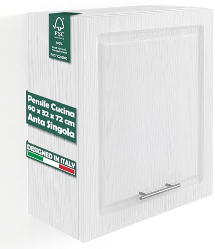 Shally Dogan Pensile da Cucina a Parete Design Boiserie, Armadio Sospeso in Legno con Anta Singola, 1 Ripiano e 2 Scomparti, Armadietto a Muro Spazioso Resistente, 60 x 32 x 72H cm (Bianco Frassinato)