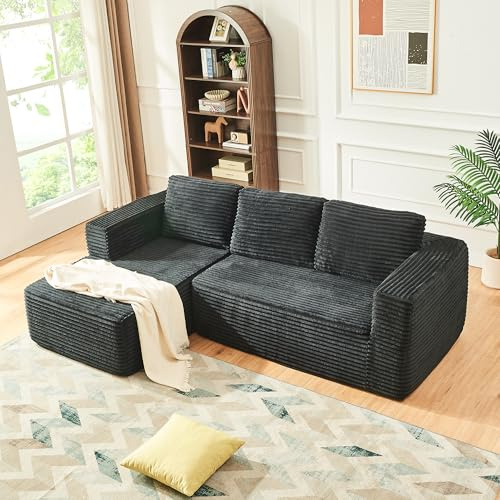 Panana 3 Seater Modular Sectional Sofa,Cloud Boneless Couch, L-Shape Chaise with Memory Foam Seating, Fabric Sofa Bed for Living Room – No Assembly Required (Black, Left Corner)