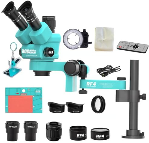 Microscopio trinoculare stereoscopico con braccio articolato girevole a 360°, campo visivo ampio, compatibile con fotocamera HDMI 4K/2K e telefono per saldatura e riparazione PCB (RF-6555PROMAX-F019)