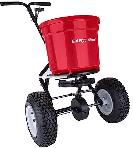 EarthWay 2150 Commercial 50 LB Broadcast Fertilizer Spreader. Heavy-Duty Walk-Behind Push Garden Seeder with Adjustable Drop Rate and Driving Handle. Large 13 inch Pneumatic Stud Tires