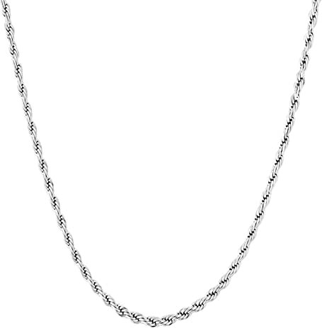 KRKC&CO 2,5mm dünne Kordelkette Rope Kette Edelstahl, Weißgold beschichtet Zopfkette, feine Silberkette für Herren Damen, Unisex Rope Chain Seilkette, Geburtstag Weihnachten Geschenke, Länge 45,7cm