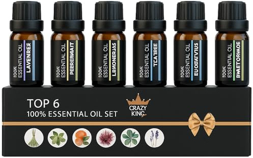 Crazy King Set 6 Oli Essenziali 10ML Per Diffusori Essenze Naturali Diffusore Aromaterapia Olii Essenziali 100% Puri, Profumatore Per Ambienti, Massaggi e Relax Con Lavanda,Arancia,Eucalipto,Tea Tree