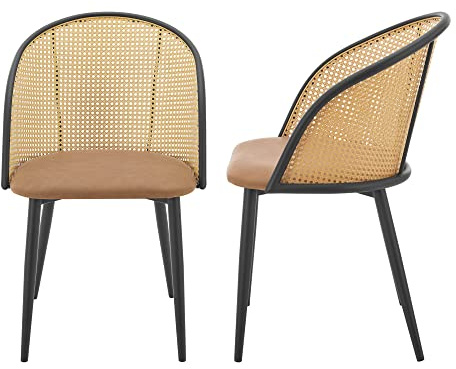 [en.casa] Esszimmerstuhl Gagnef Stühle Esszimmer 2er Set Rattan Braun 2 x Stuhl Designstühle Kunstleder Polsterstuhl Metallbeine Schwarz