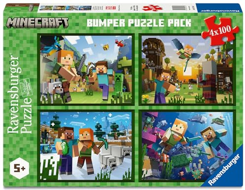 Ravensburger - Minecraft Jigsaw Puzzle, Bumper Pack 4 x 100, Gift Idea for Children 5+ Years, Educational and Stimulating Game, 4 Jigsaw Puzzles of 100 Pieces, 36 x 26 cm