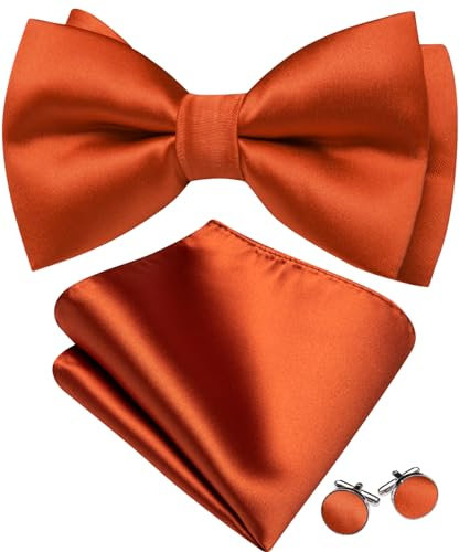 Barry.Wang Mens Orange Bow Tie Paisley Silk Pre-Tied Bowtie Pocket Square Cufflinks Set Formal Wedding Prom Party Tuxedo