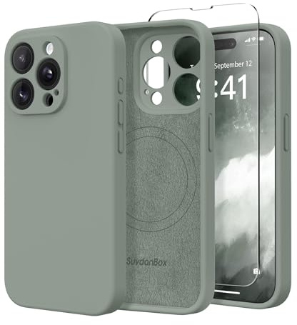 SuydanBox Magnetic for iPhone 14 Pro Max Case, Compatible with MagSafe, [Full Camera Protection][Screen Protector] Silicone Shockproof Protective Phone Case for iPhone 14 Pro Max 6.7, Calke Green