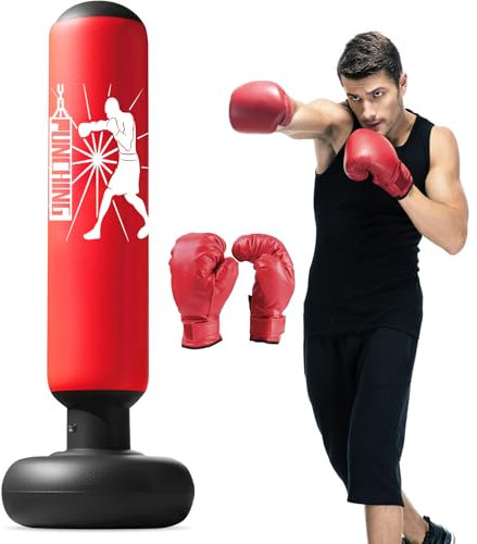 Qoosea Boxsack für Kinder, 160cm Stehender Boxsack Aufblasbarer Trainingsboxsack mit Boxhandschuhe, Jungen und Mädchen von 3–12 Jahren Üben von Karate, Kickboxen,Taekwondo, MMA