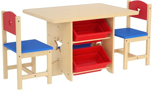 AIYAPLAY Set Tavolino e Sedie per Bambini 3-7 Anni, Tavolo per Bambini con 2 Sedie e 4 Contenitori Portaoggetti per Cameretta, in MDF e Legno di Pino, Color Legno