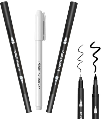 Edible Markers 3Pcs Black & White Food Coloring Pens – Double-Sided Fine & Thick Tips Edible Food Pens for Cookie Decorating, Fondant, Cakes, Desserts, Easter Eggs