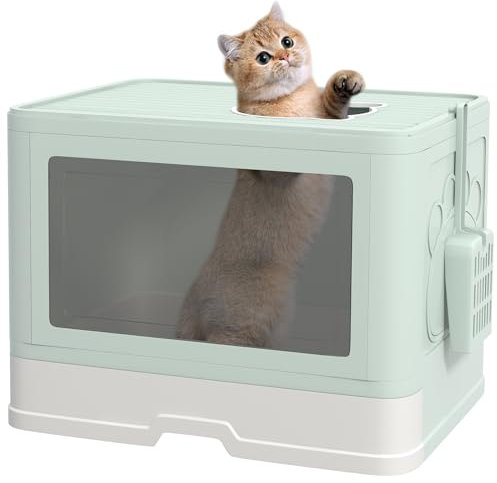 PawHut Arenero para Gatos Cubierto Caja de Arena Desmontable con Bandeja Extraíble Pala Caja de Almacenaje Cepillo 2 Puertas Entrada Principal y Salida Superior 48,5x38x36,5 cm Verde Claro y Blanco