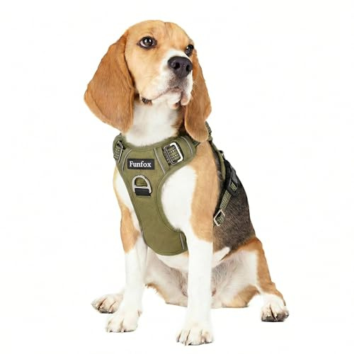 Funfox Dog Harness Medium, No Pull Harness with Front Clip & Vertical Handle, Adjustable Anti Pull Padded Pet Vest, Reflective Night Walking Size for Small Medium Large Breed, Army Green M