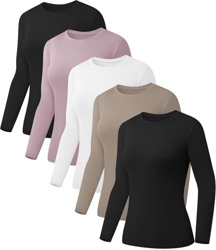 Kinglaman 5 Pack Womens Basic Long Sleeve Shirts Crew Neck Slim-Fit Fitted T Shirts Tops Undershirts Underscrub Baselayer 2 Black 1 White 1 Khaki 1 Pink Medium