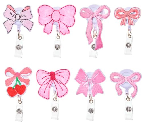 SUPERFINDINGS 8Pcs Pink Bow Badge Reel Retractable Nurse Badge Reels Cute Bow Badges Holder for Nurses Medical Workers Nursing Student Teacher Accessories 12.5cm