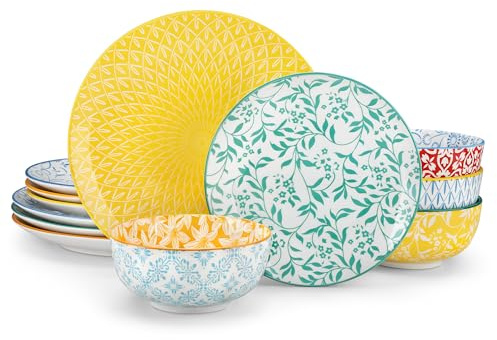 vancasso SELENE Service de Table 12 Pièces pour 4 Personne, Set Vaisselle en Porcelaine Pastel - 4 Assiettes Plates, 4 Assiette à Dessert et 4 Bols, Adapté au Micro-Ondes - Style Floral Coloré