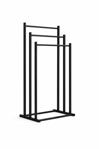 PWRco Freestanding 3-Tier Towel Rack Black Metal Floor Stand, Tall Vertical Ladder-Style Bathroom Towel Holder, Space-Saving Towel Rail Staggered Bars Fast Drying Towel Organizer