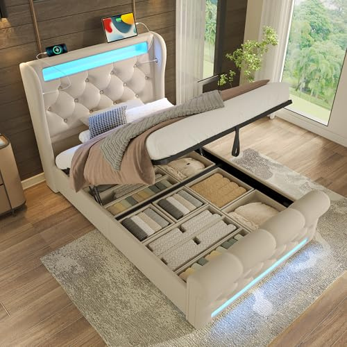 YAIXBNG Modern klädselsäng, enkelsäng, 90 x 200 cm, klädselsäng med LED-lampor, förvaringsutrymmes-sänggavel med USB- och typ C-anslutningar, hydraulisk förvaringssäng, beige, sammet. (Utan madrass)