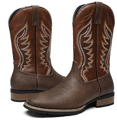 Botas Vaqueras de Hombre de Estilo Occidental, de Puntera Cuadrada, Bordadas, de Cuero Sintético, Altura Media hasta la Pantorrilla, para Granja, Rancho y Montar a Caballo,Marrón,43 EU