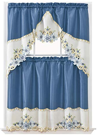 GOHD Arch Floral Kitchen Curtain Set/Swag Valance & Tier Set. Nice Matching Color Floral Embroidery on Border with cutworks (Riverside Blue)