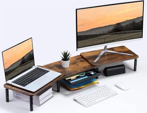 ETHU Dual-Monitor-Ständer, Doppelmonitor-Riser für Länge und Winkel Verstellbarer Desktop-Monitor-Regalständer Organizer mit Telefonhalter und Schublade, Bürozubehör, Höhenverstellbar