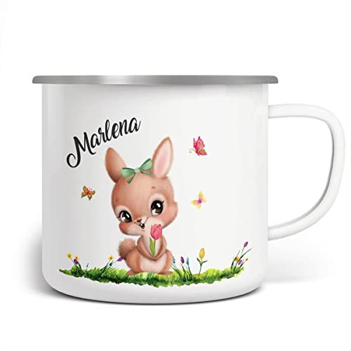 miKalino Emaille Tasse Fröhlicher Hase auf Blumenwiese personalisiert mit Namen | handbedruckt in Deutschland, Farbe:weisssilber, Grösse:300ml
