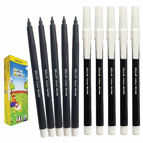 DOLLAR ColorMax Felt Tips Colouring Pens, BLACK, Pack of 10, Ideal for Draw Colour Mark Sketch Write, Perfect for School Office Home Everyday Use